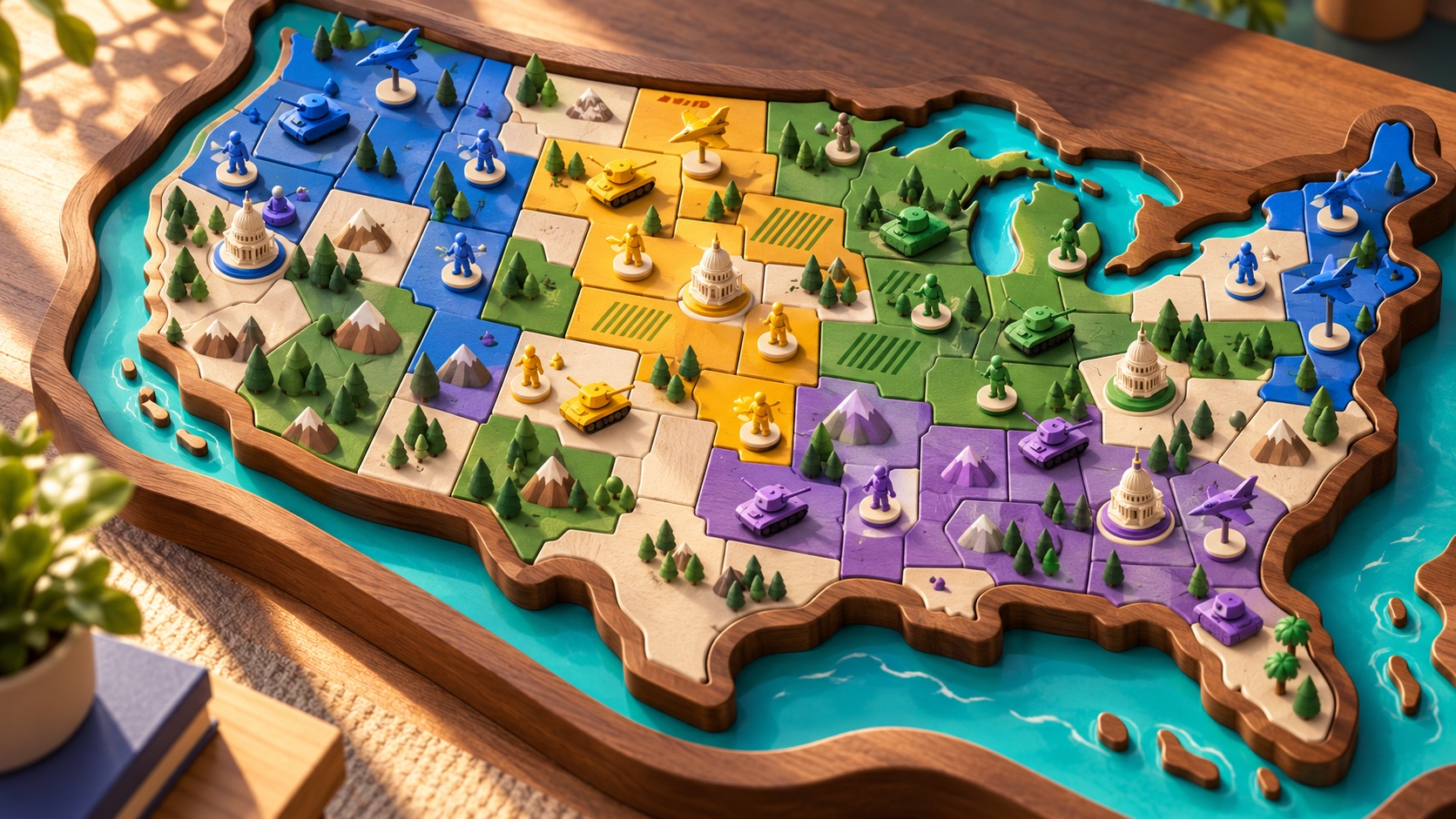 Promotional illustration of colorful toy armies on a handcrafted wooden map board