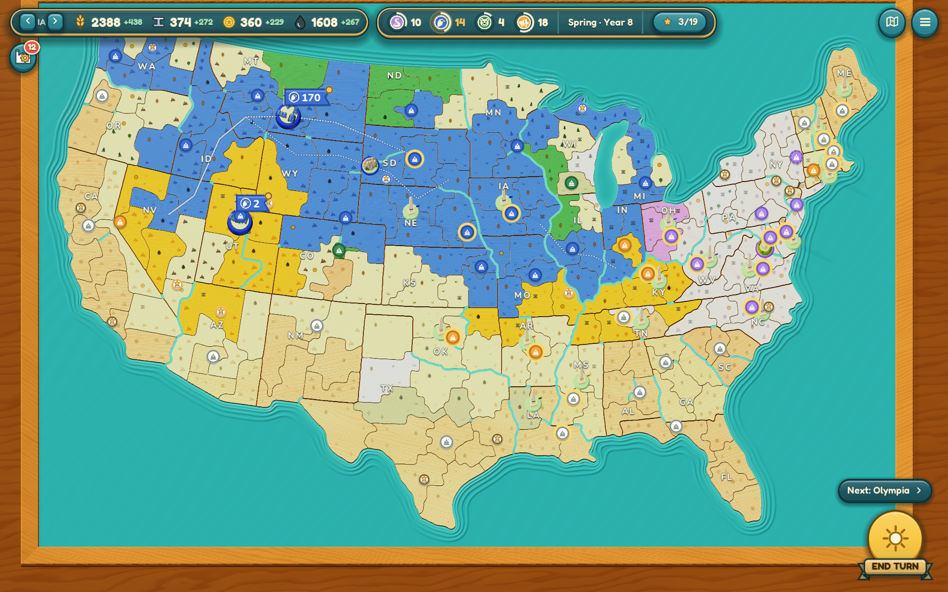 Round-29 campaign: large blue, yellow, green and lavender regions, developed logistics and massed armies