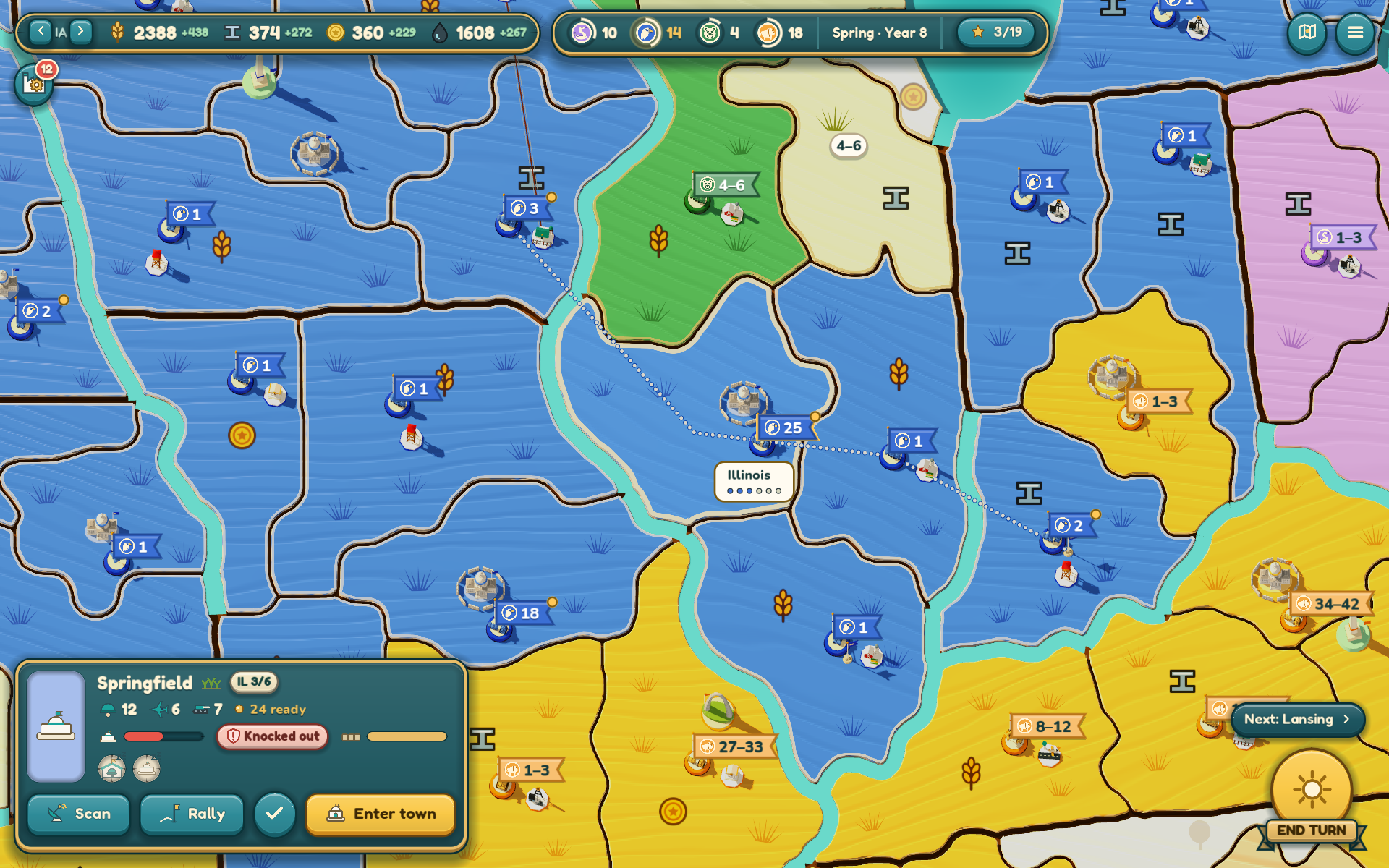 Round-29 Illinois front line: a 25-unit mixed army at Springfield faces yellow and green rivals across the rivers