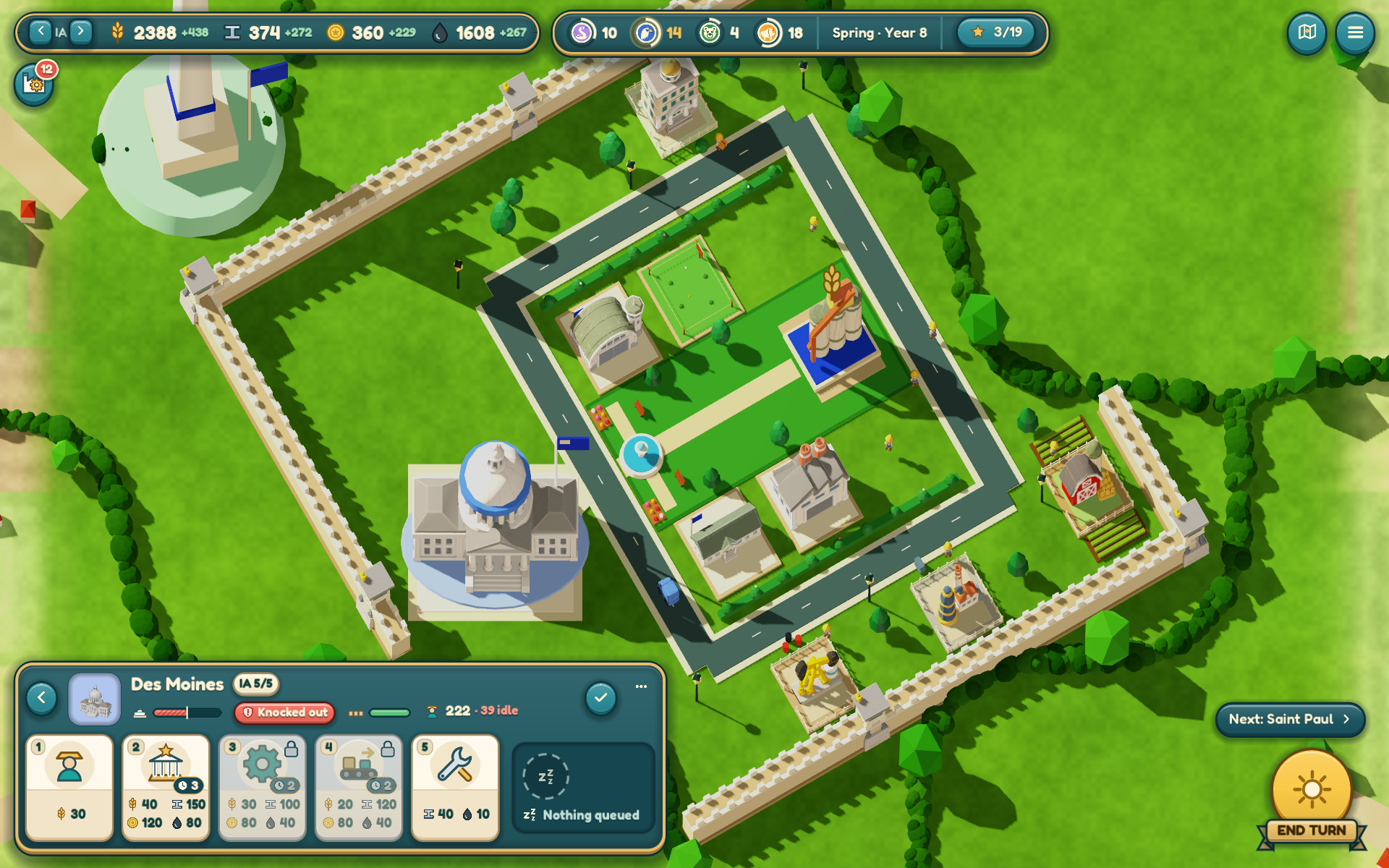 Round-29 Des Moines with five completed buildings, fortified walls, production yards and the town interface